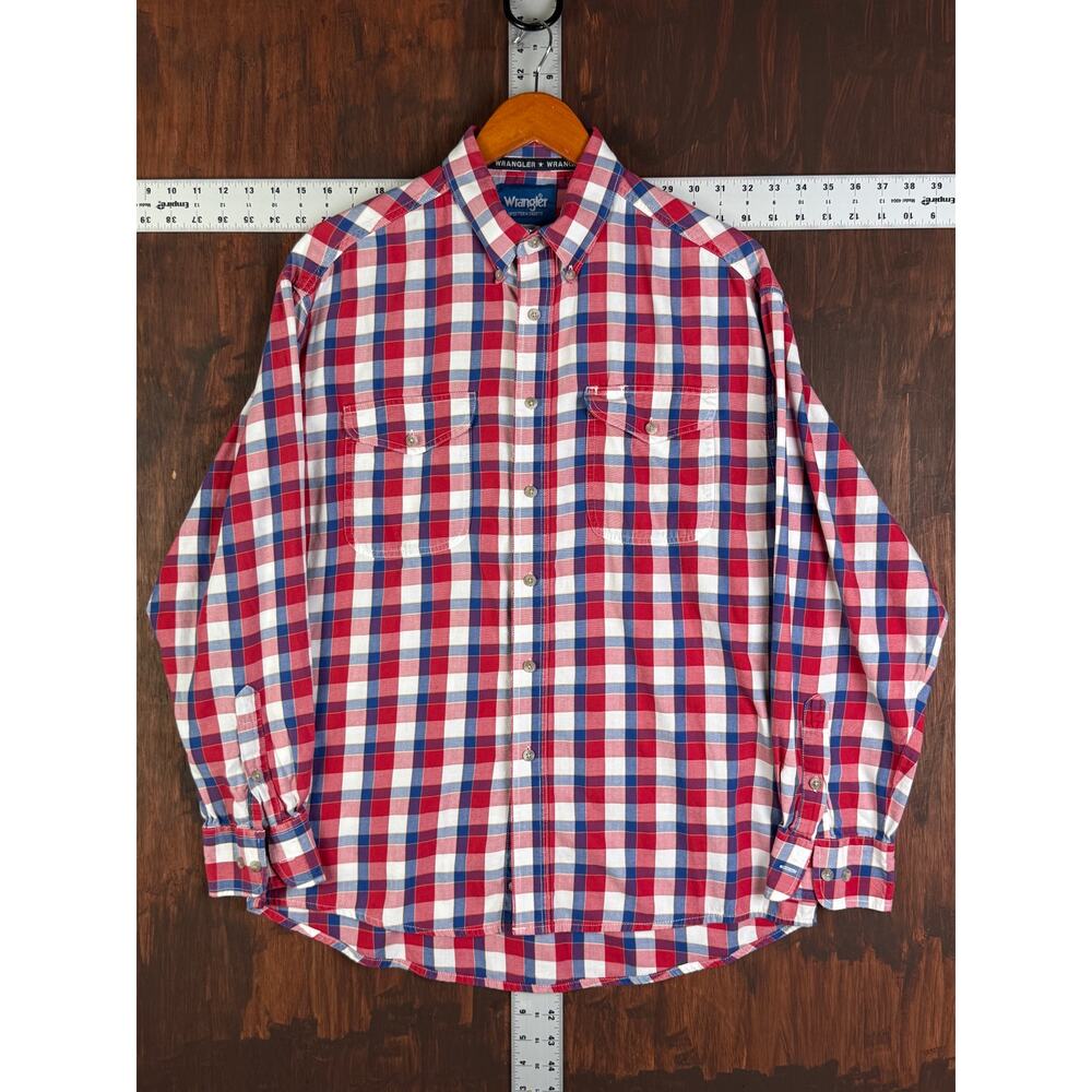 Wrangler Western Button Plaid Long Sleeve Shirt RWB Red Blue Mens Large READ - Picture 2 of 7